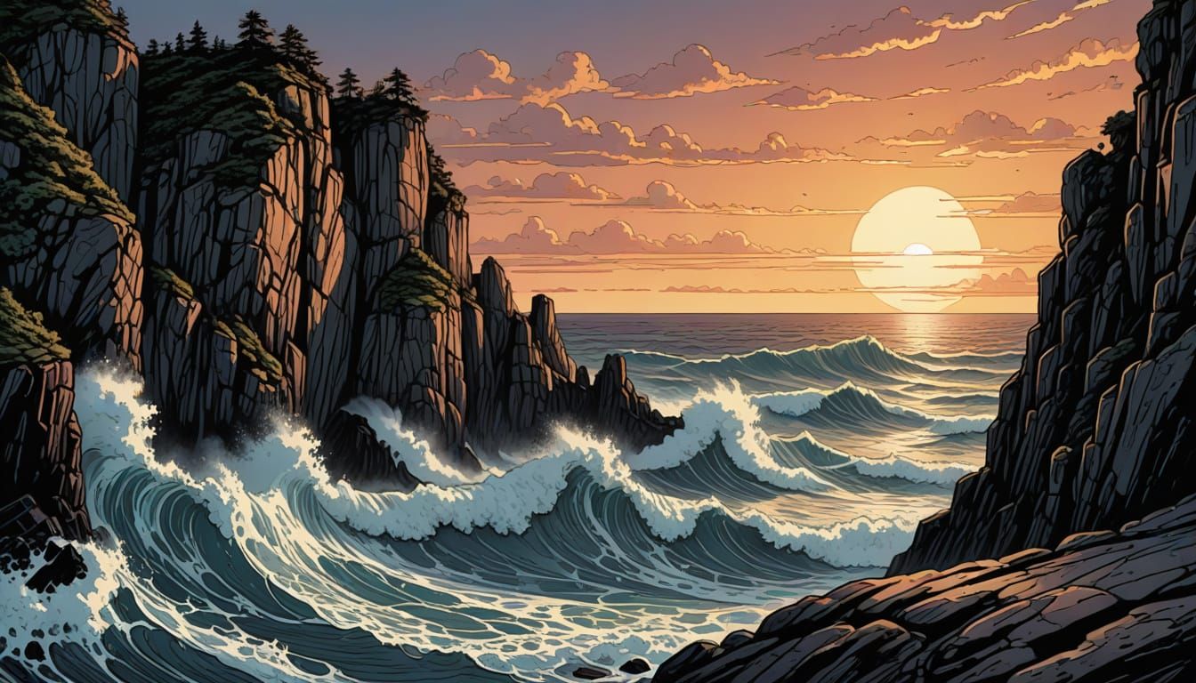 Epic Dawn Cliffside with Splashing Waves