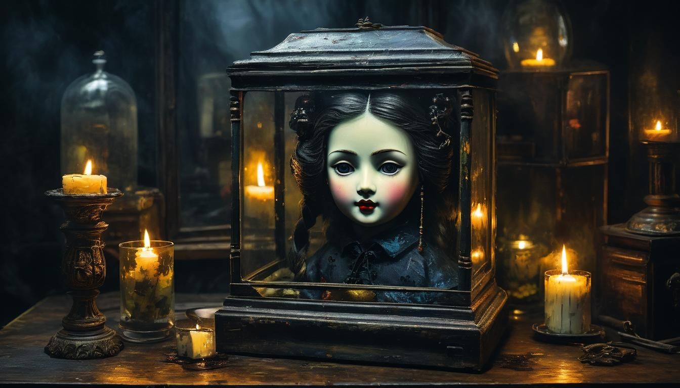 Vintage China Doll in Glass Case, Oil Painting