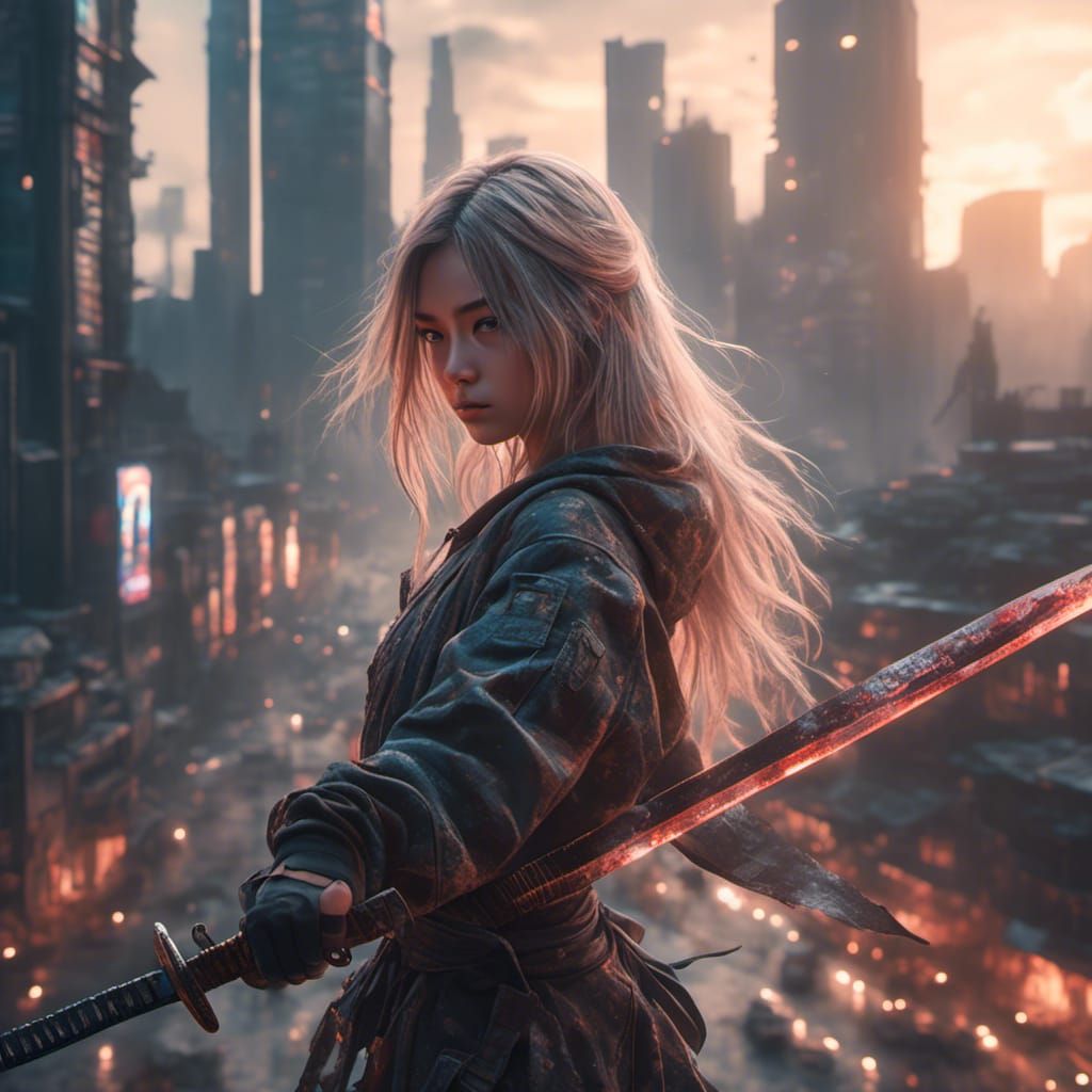 Anime Girl with Katana in Dystopian City