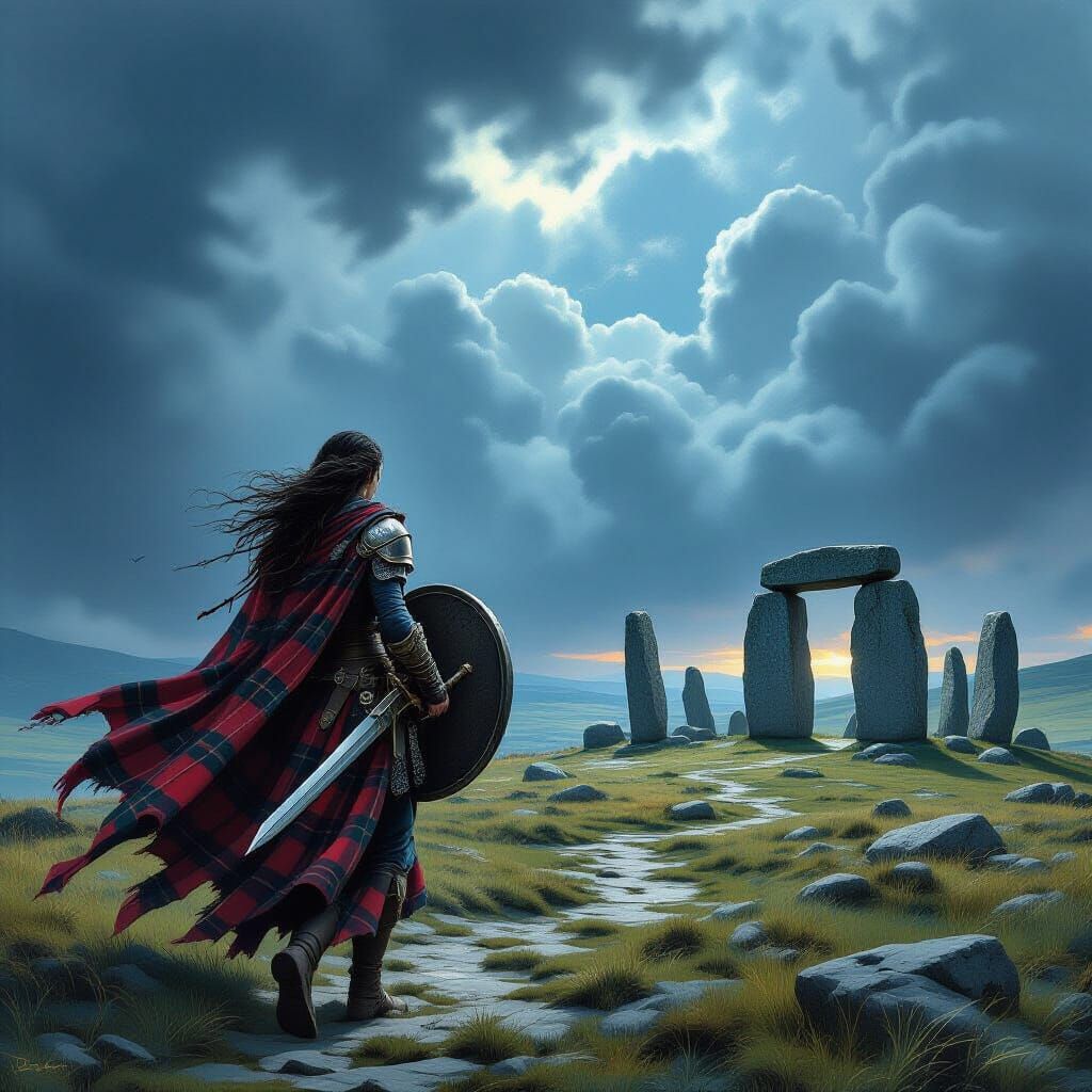 Scottish Warrior Girl at Ancient Stones, Dramatic Lighting