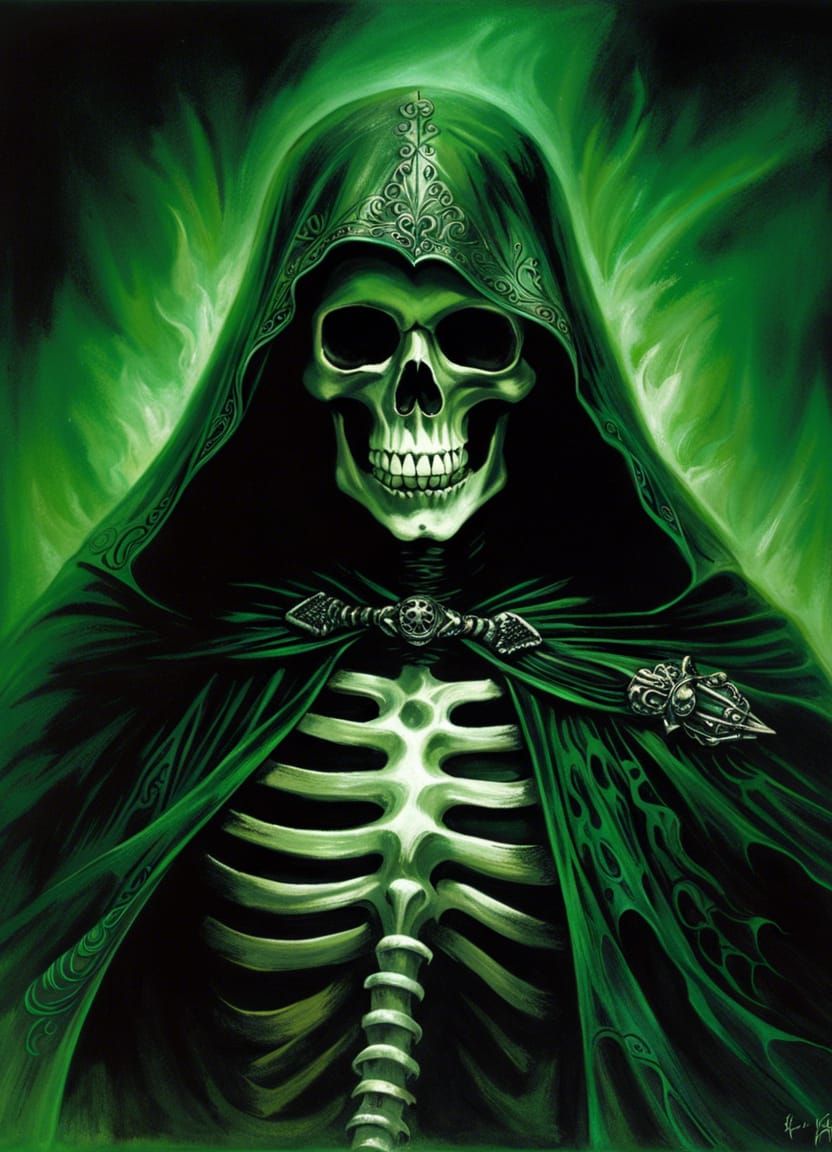 Epic Skeleton King in Black Cape with Green Backlight
