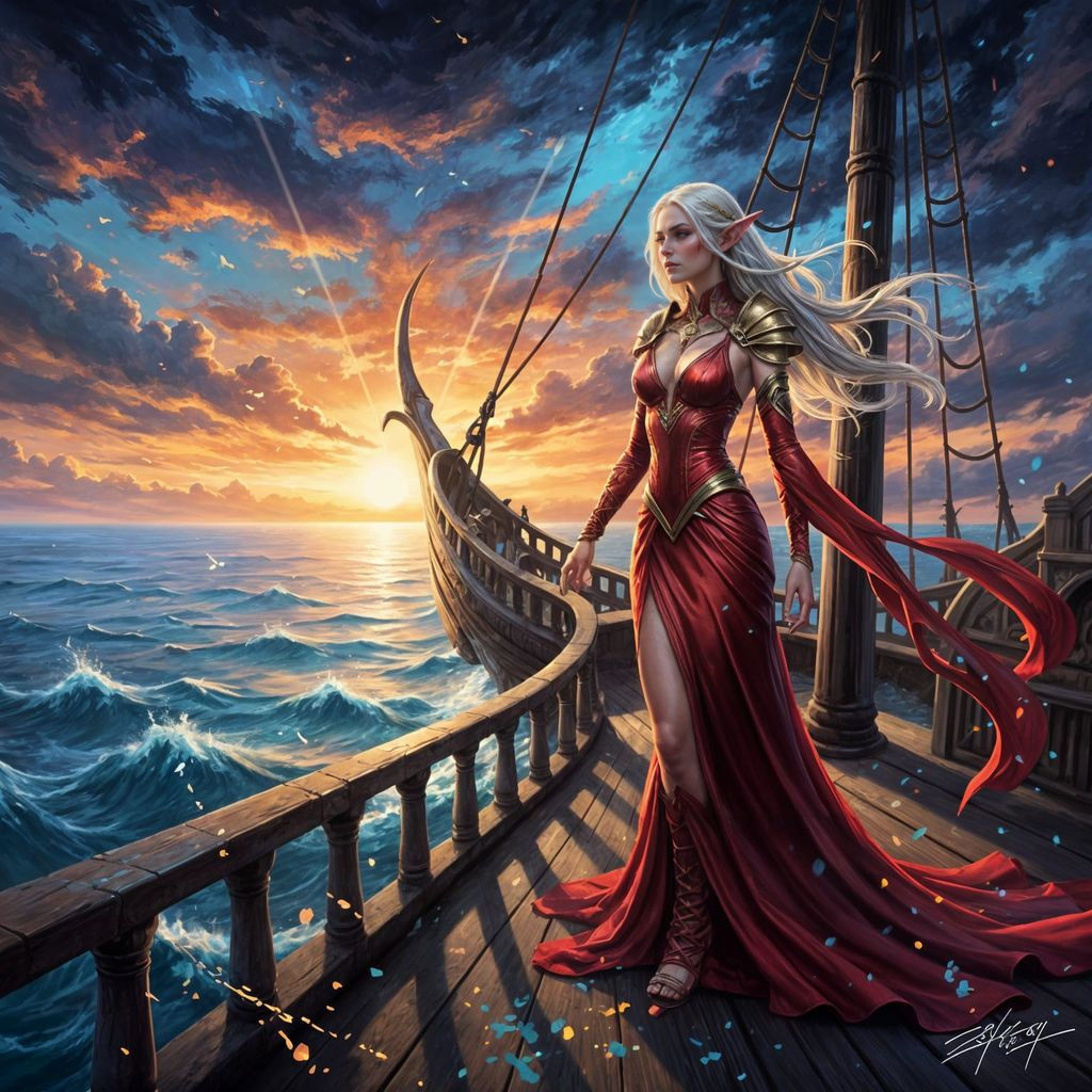 High Elf Noble in Red Dress on Elven Ship