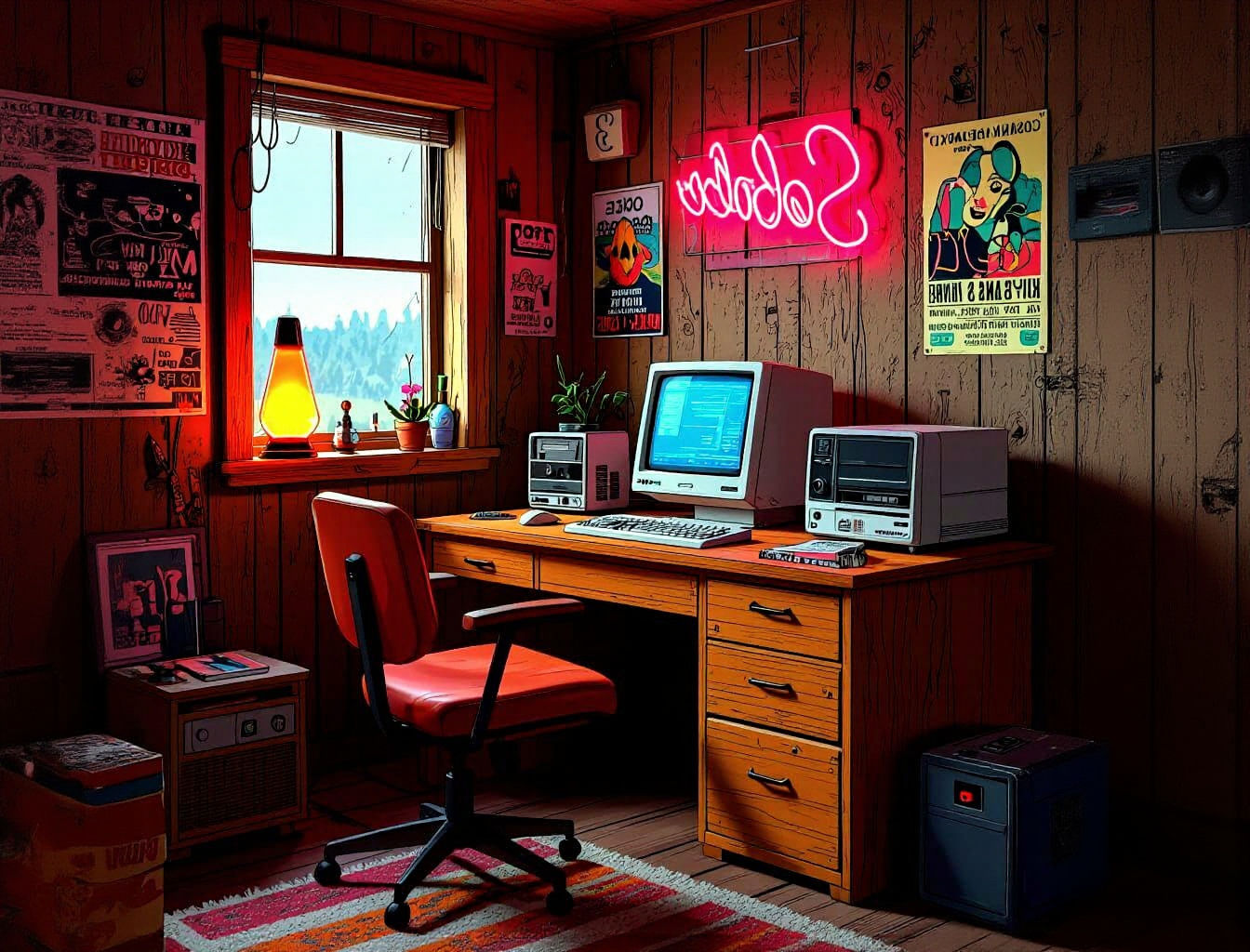 Lofi 90s Gamer Bedroom with Neon Sign