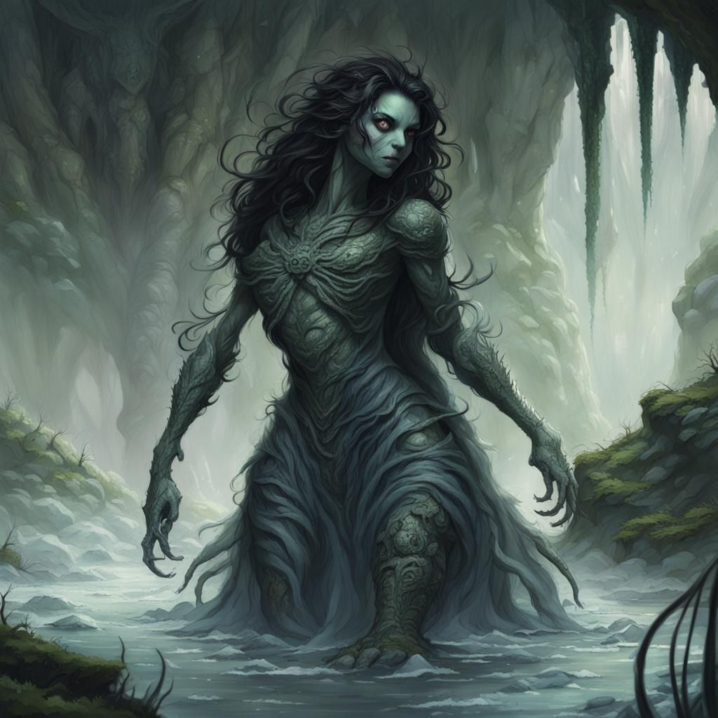 Hybrid Spider-Woman in Dark Fantasy Cave Art