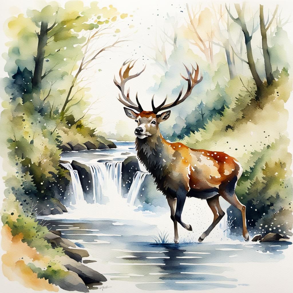 Stag Plunging in Woodland Stream: Watercolour Painting