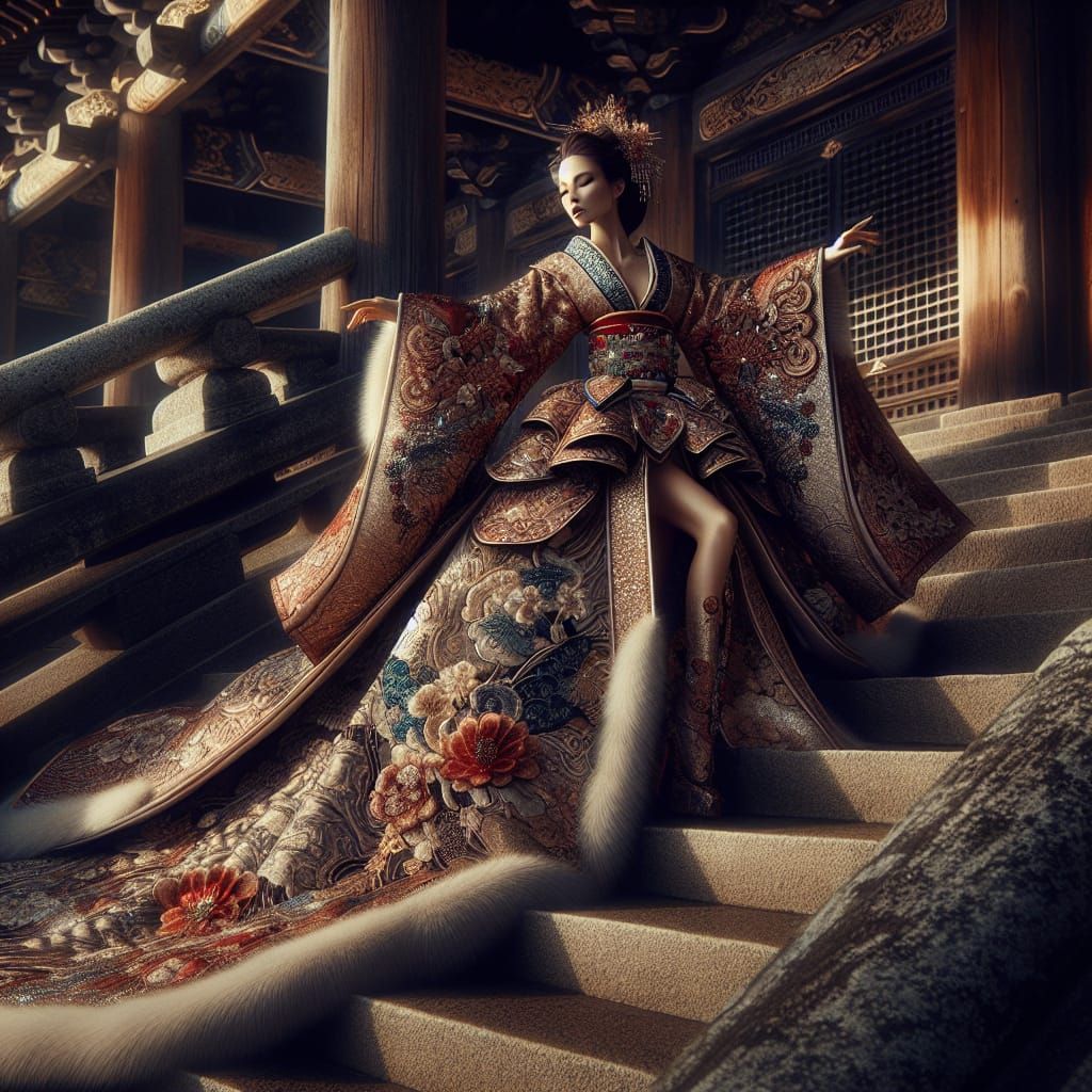 Japanese Woman in Kimono at Ancient Temple