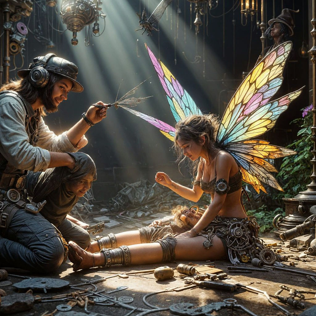 Steampunk Mechanic Repairs Fairy Wings in Castle