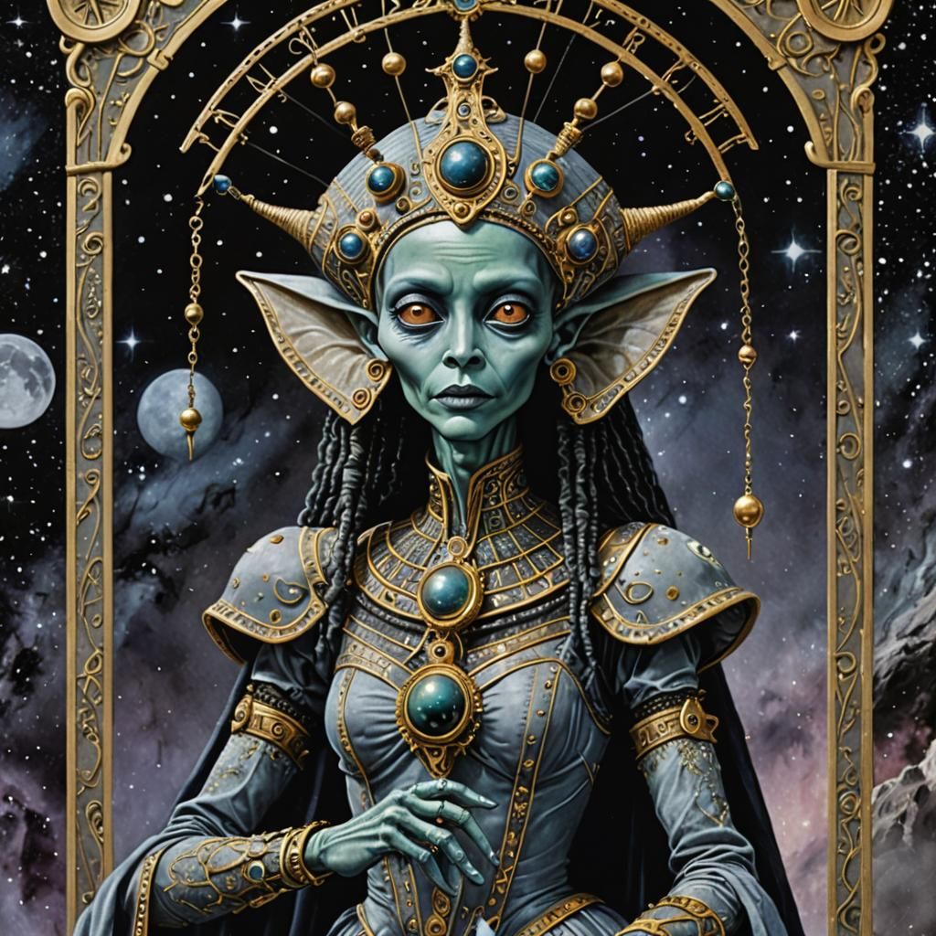 Alien Empress Tarot Card in 1990s Magazine Style