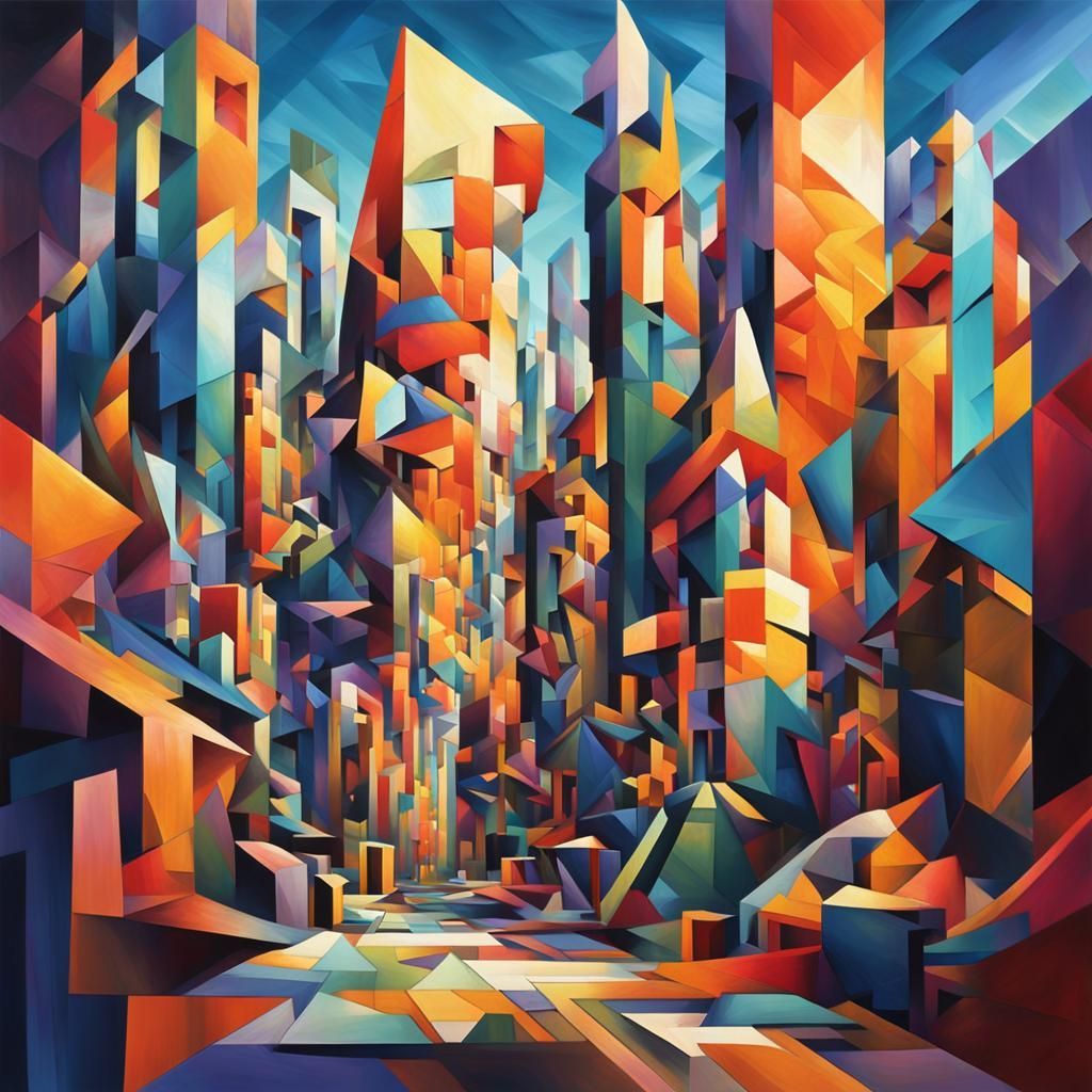 Geometric Cubist Figure in a Futuristic Cityscape