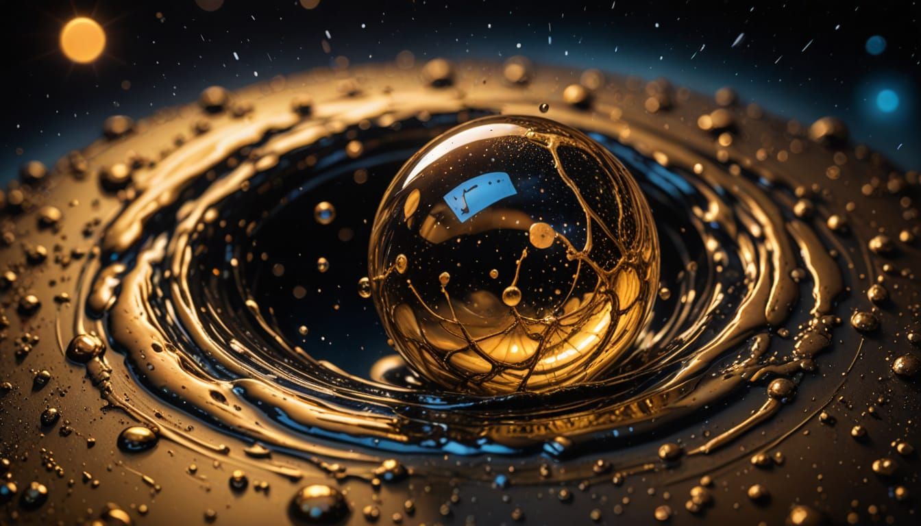 Golden Water Droplet in Nebula Glow