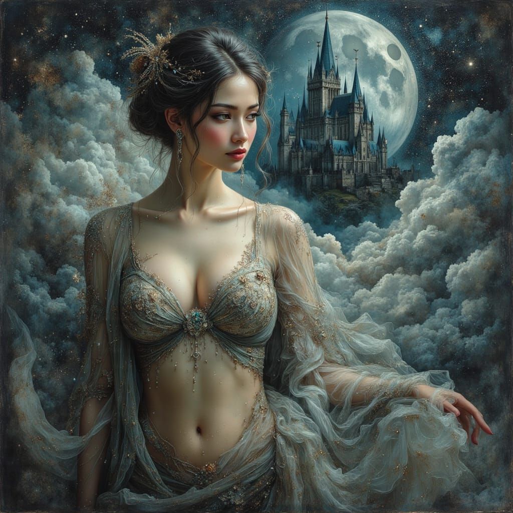 Ethereal Goddess in Spectral Castle Oil Painting