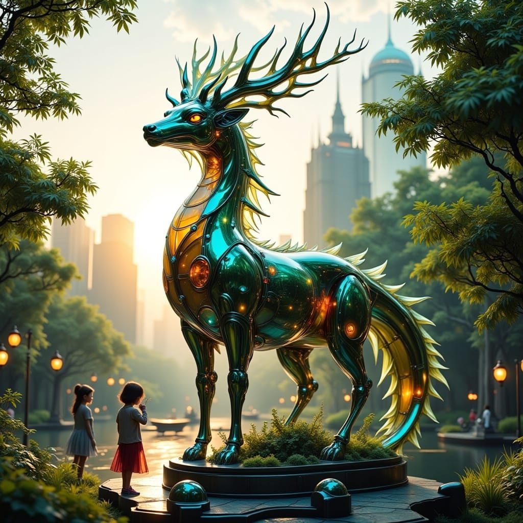 Cyberpunk Qilin Harmonizes Urban Oasis