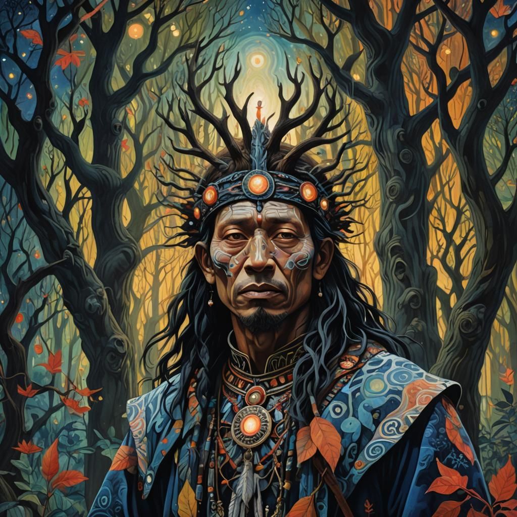 Tribal Shaman in Mystical Forest Collage