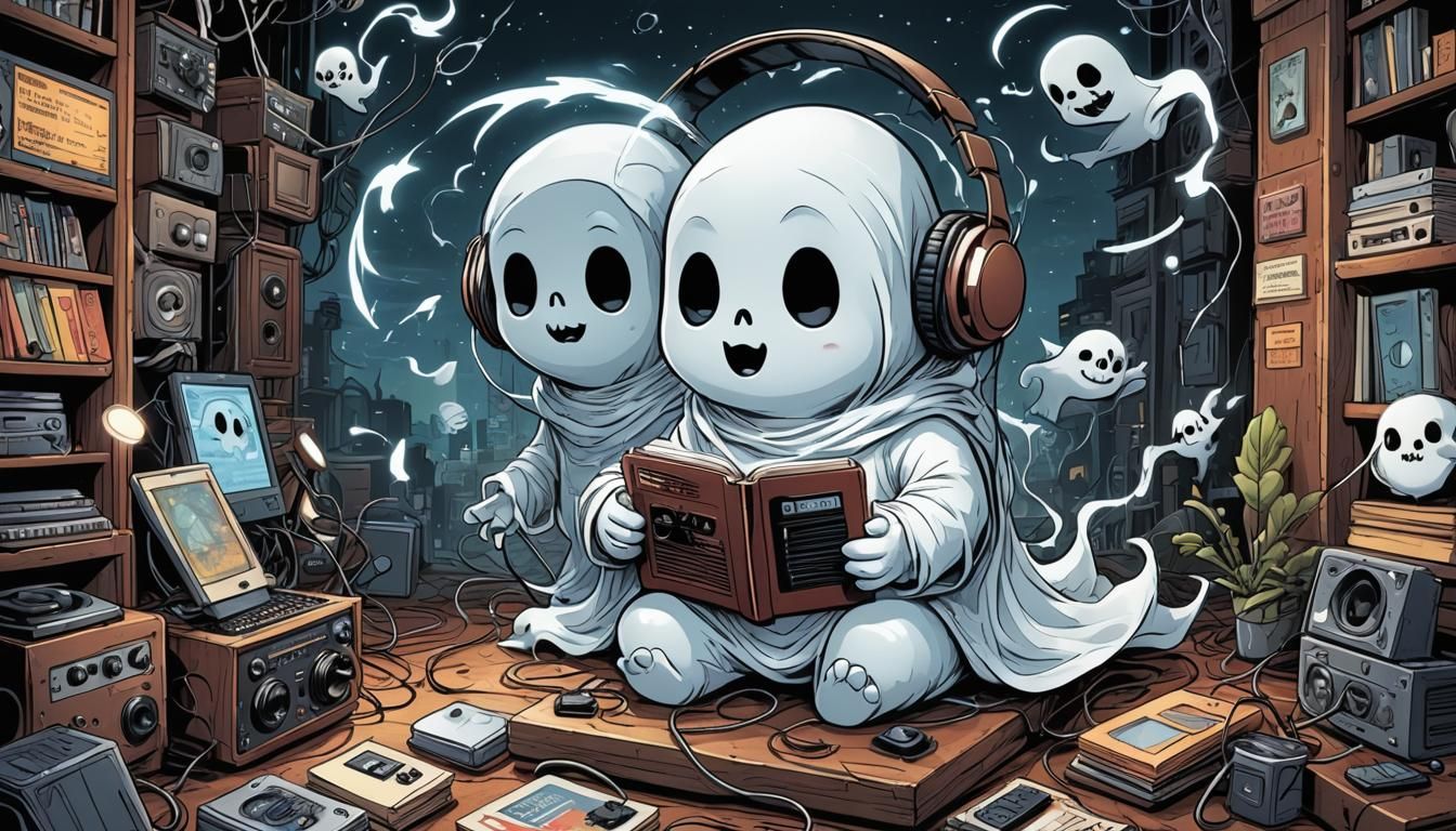 Cute Ghost Listening to Music: Comic Book Art