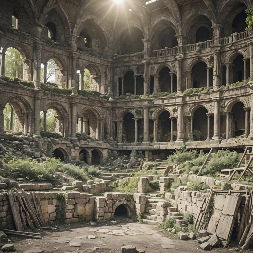 Ruined Medieval Theater Overgrown with Plants