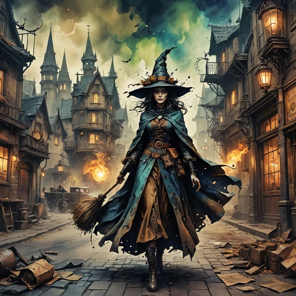 Steampunk Witch Ink Painting on Crumpled Paper