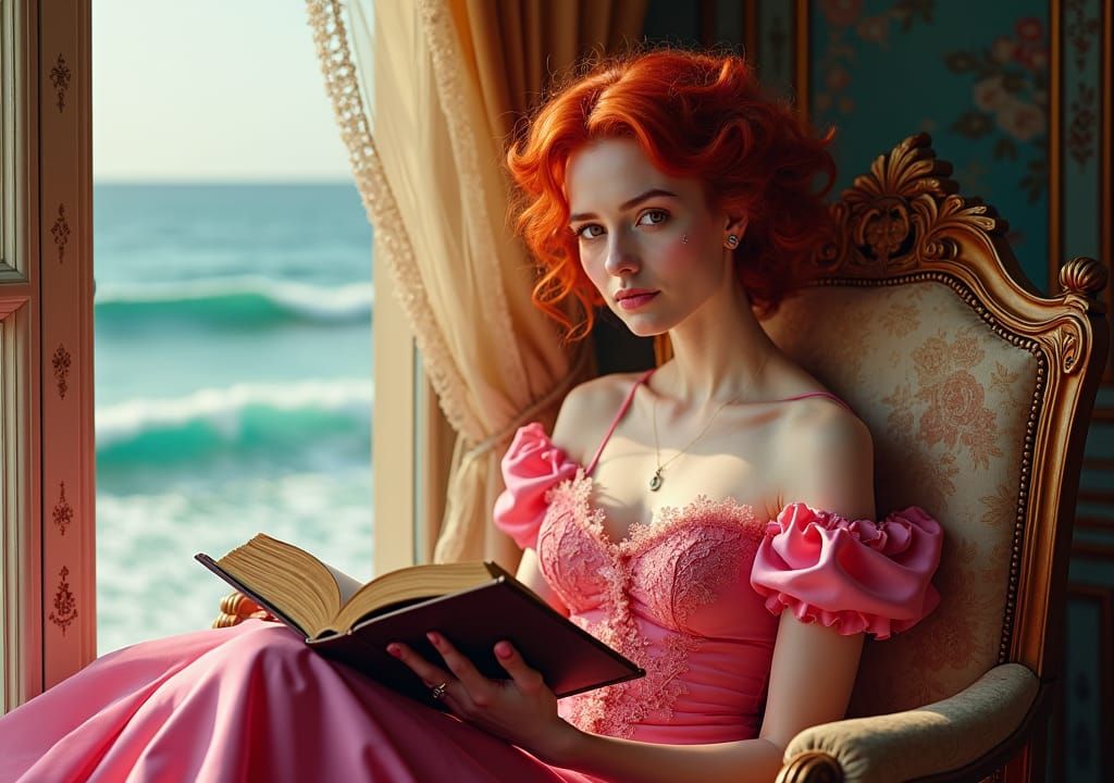 Victorian Lady Reading Book in Opulent Palace