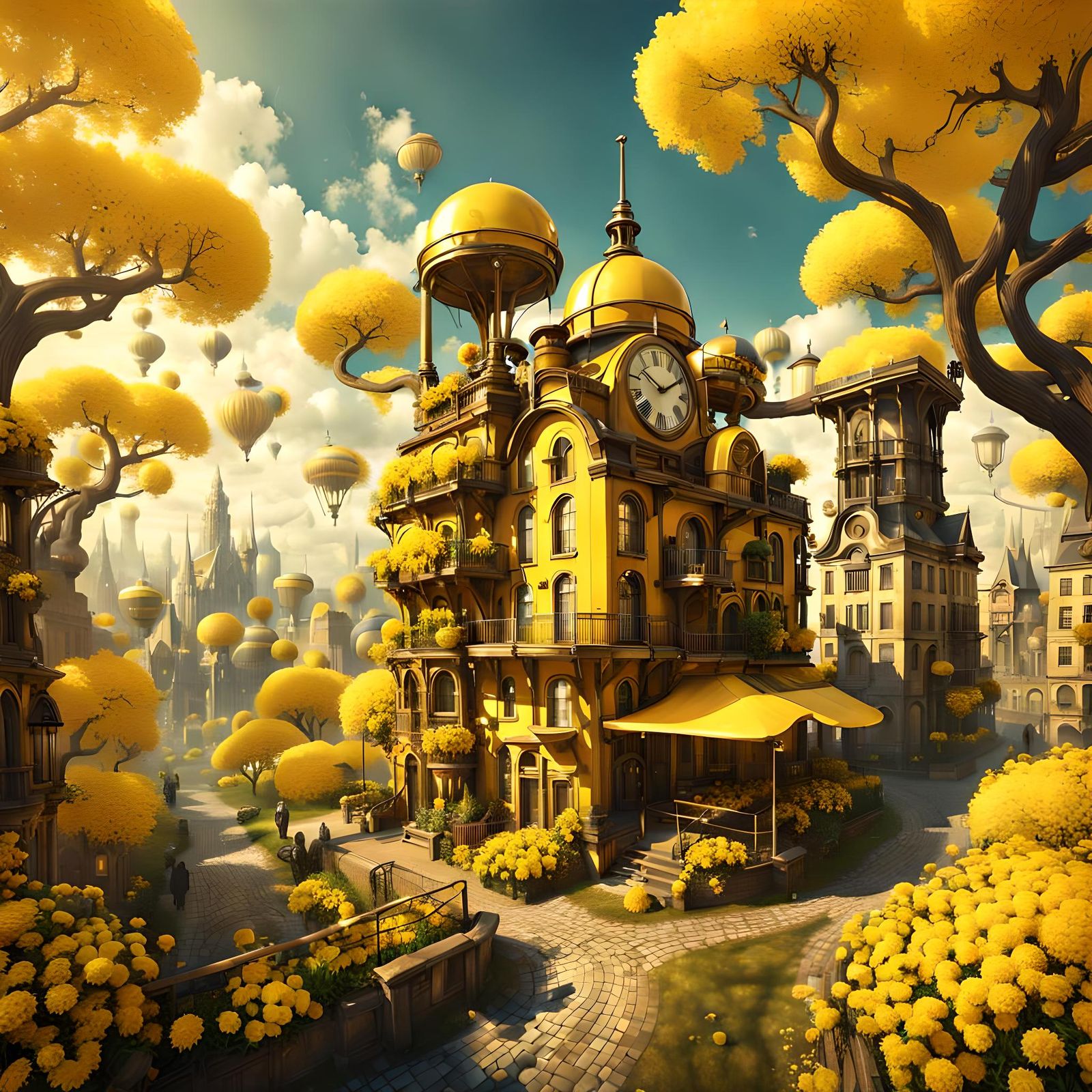 Surreal Yellow Steampunk City with Gardens