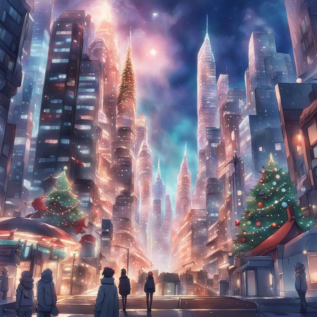 Futuristic Christmas City in Anime Style