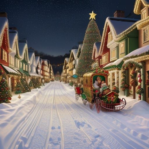 Magical Christmas Village at Night with Santa's Sleight