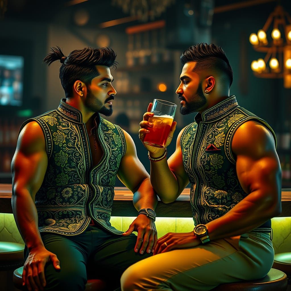 Two Handsome Men in Bar, Cinematic Lighting