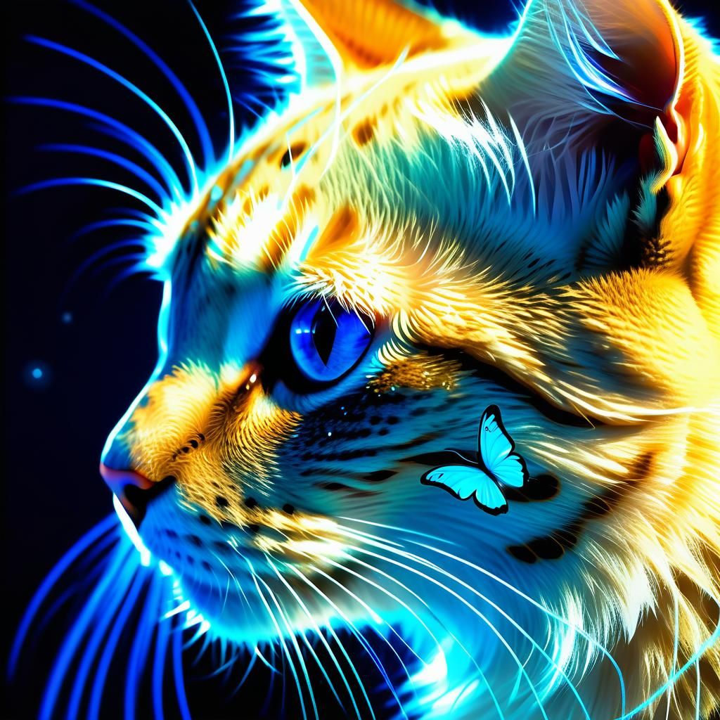 Ethereal Golden Cat Profile with Blue Butterfly