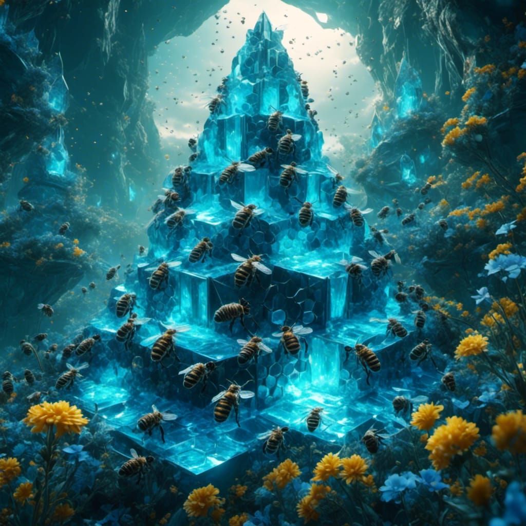 Hyperreal Blue Diamond Island with Bees