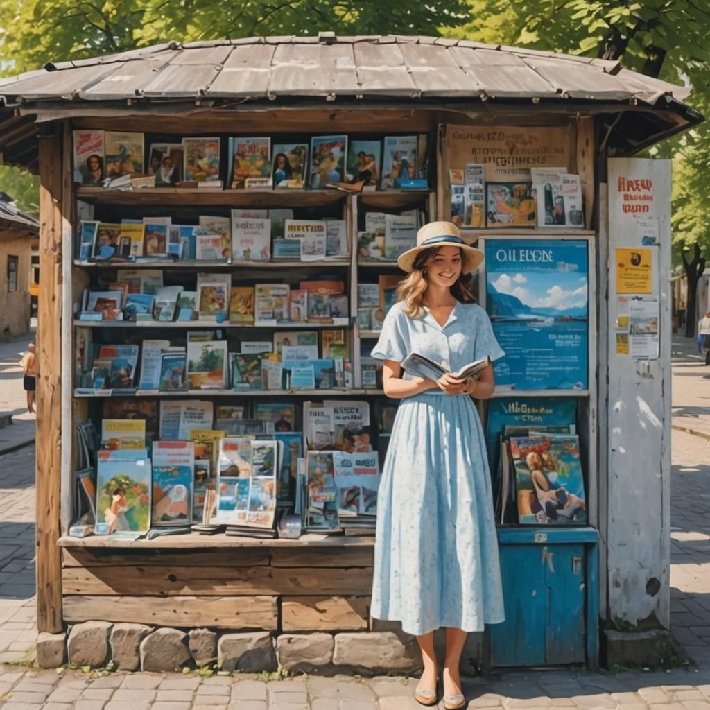 Summer Street Scene with Kiosk, Sunlit Magazines