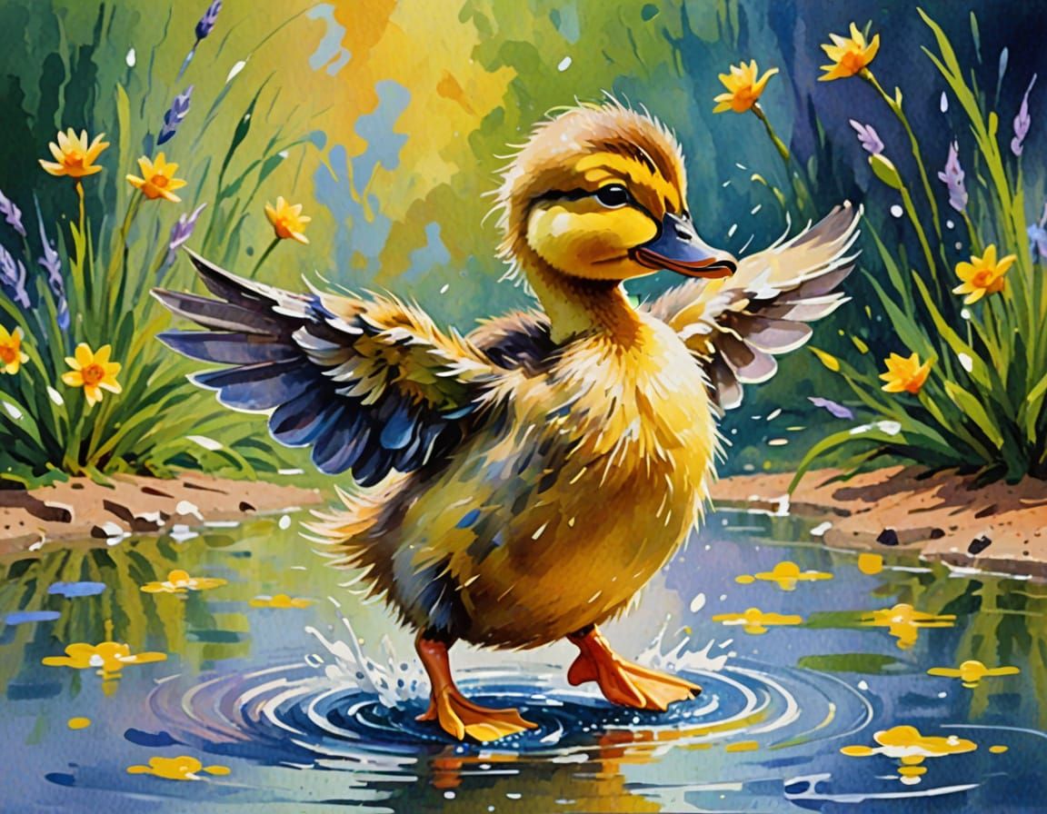 Dancing Duckling in Gouache Impressionist Style