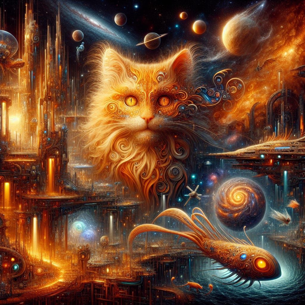 Vibrant Space City Scene with a Majestic Orange Cat and Fant...