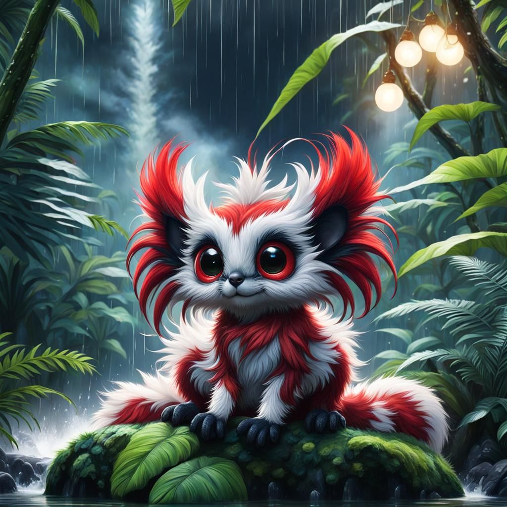 Red Furry Creature with Glossy Eyes in Rainforest