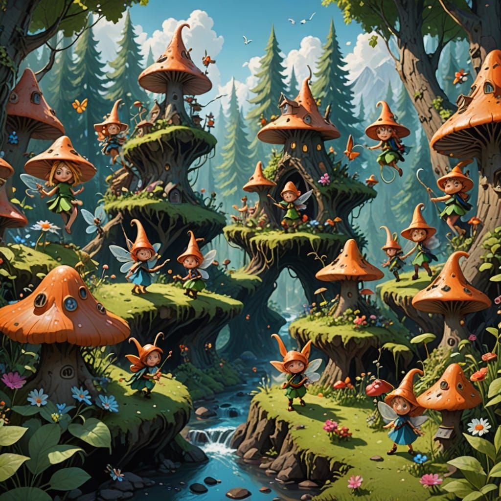 Whimsical Forest Dwellings in Cyberpunk Digital Art