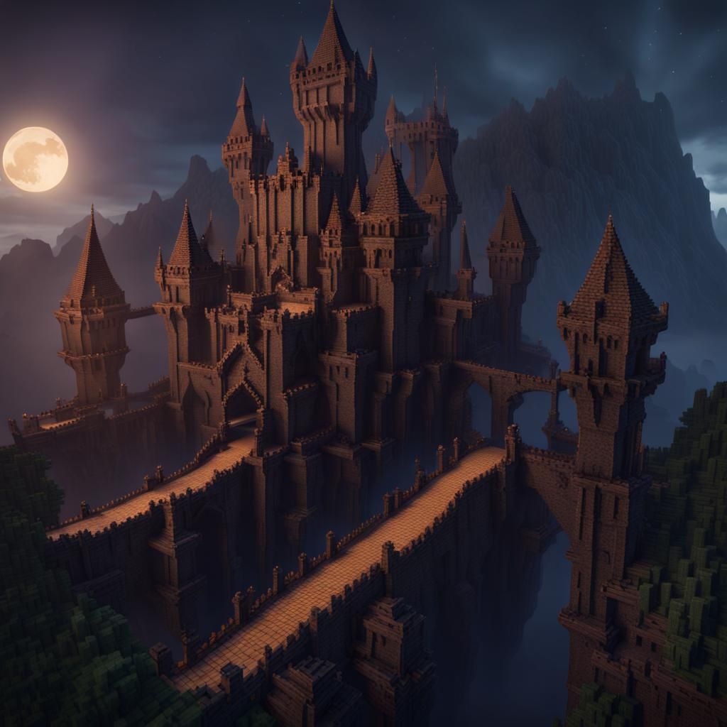 Minecraft Castle with Bridges in Dark Fantasy Style