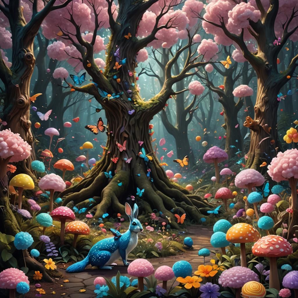 Enchanted Candy Forest with Hybrid Creatures