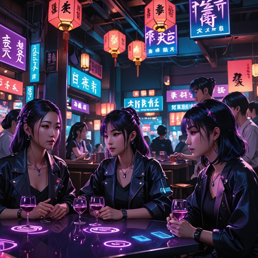 Cyberpunk Anime Restaurant Scene with Neon Lighting