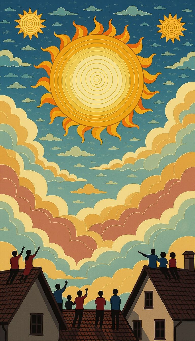 Heavenly Tapestry: Folk-Art Sky with Embroidered Suns