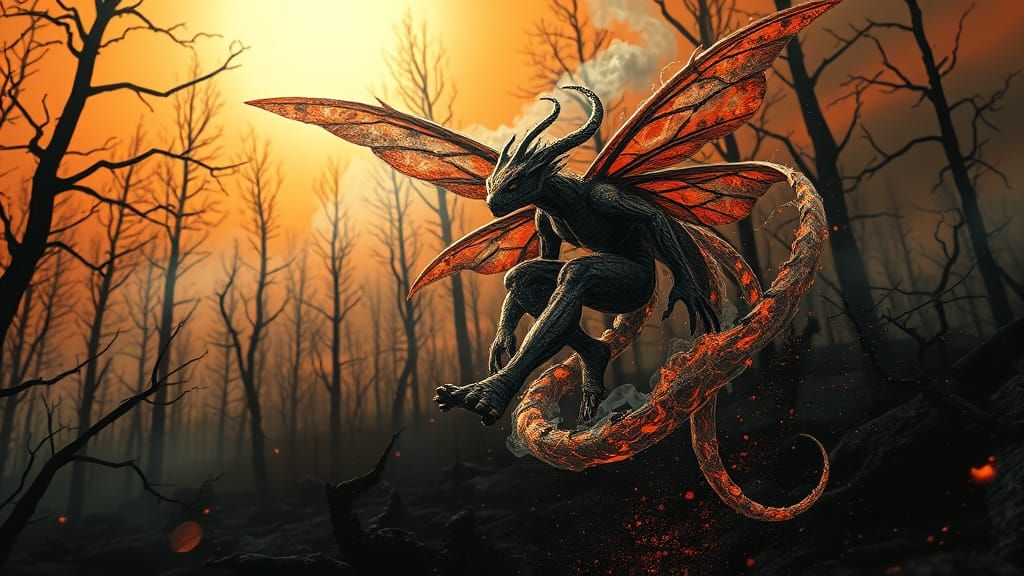 Reptilian Smoke Fairy Drifting Through Charred Forest