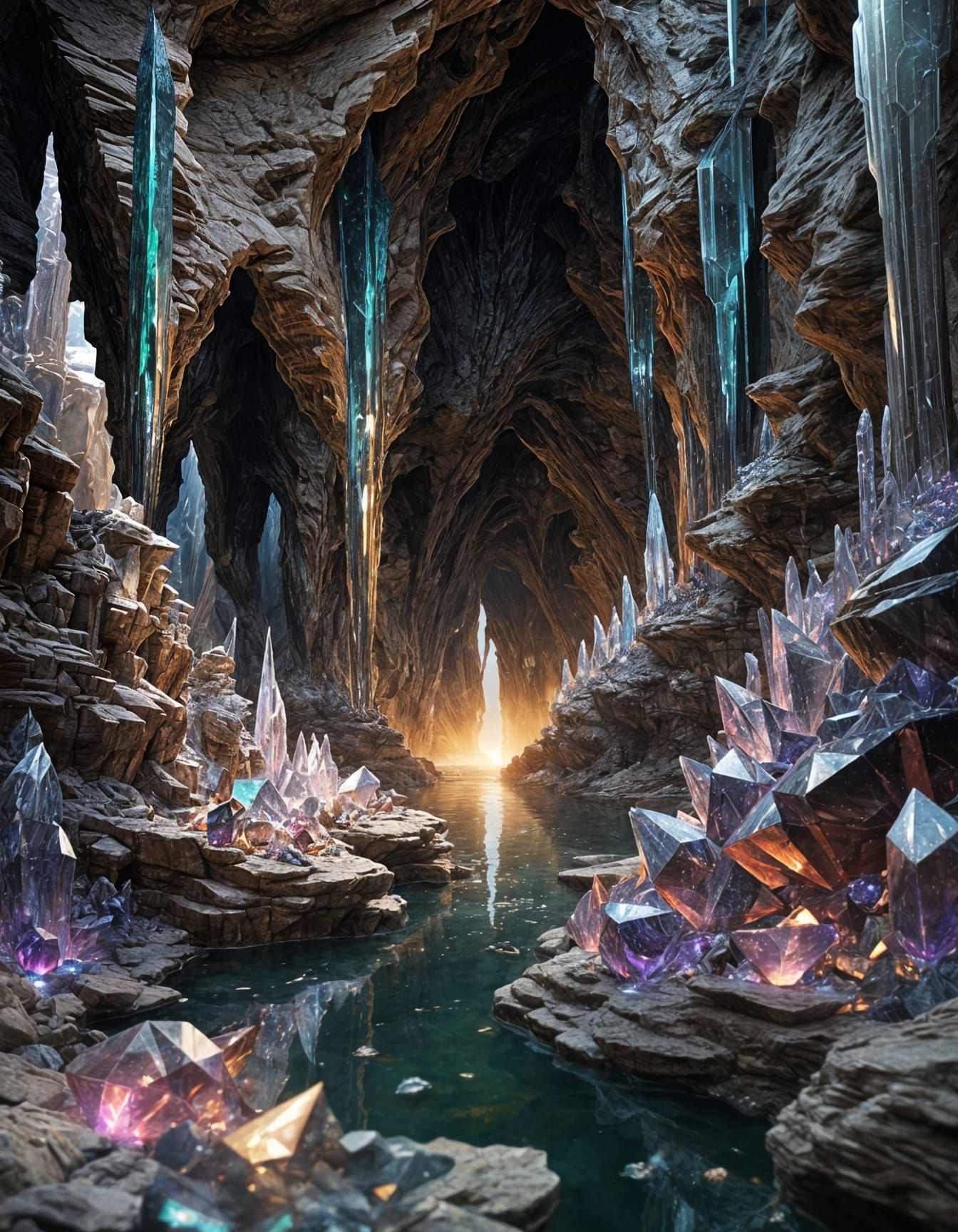 Crystals in Sunlit Cavern: Digital Illustration