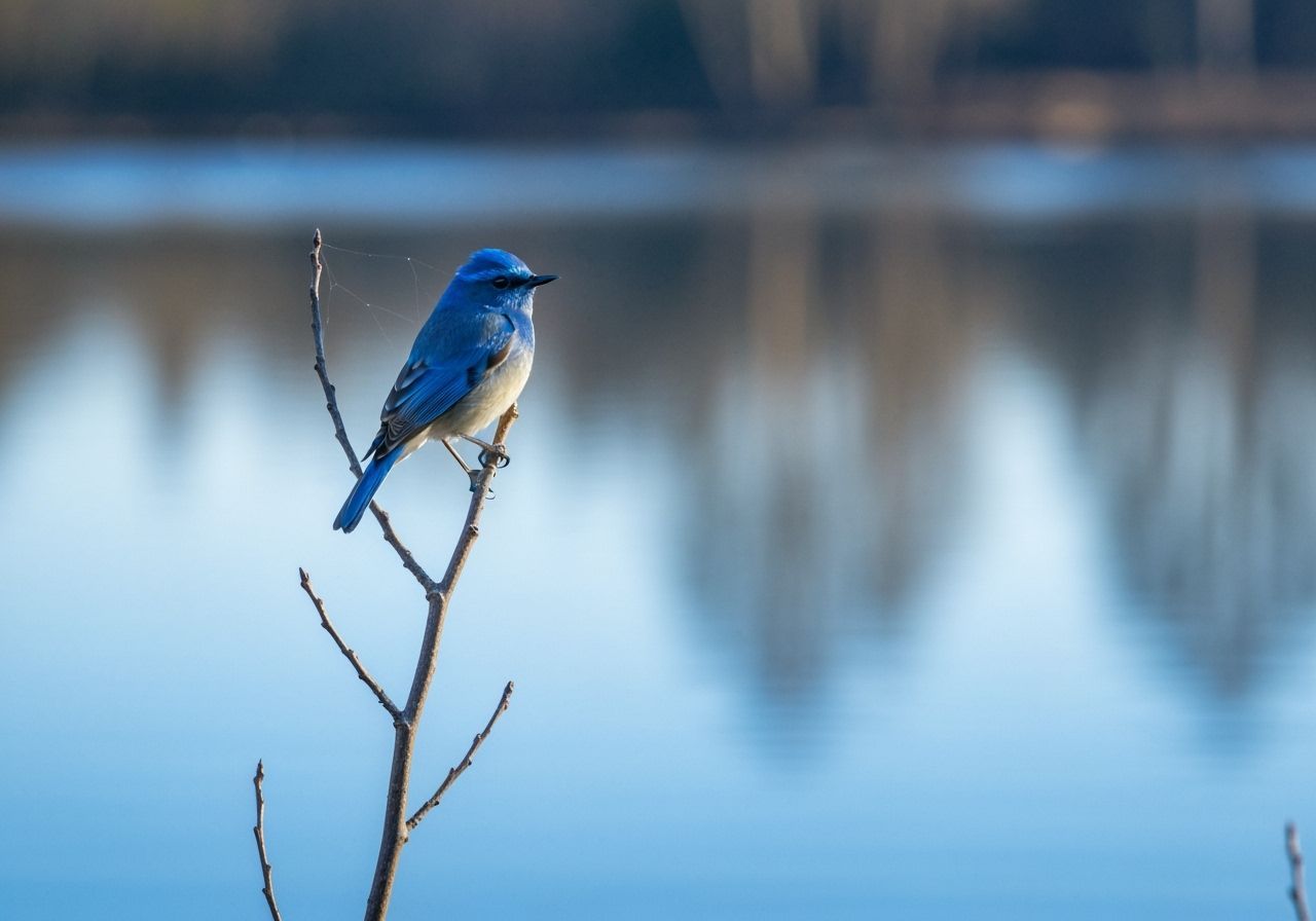 Vibrant Blue Bird on Branch over Serene Lake
