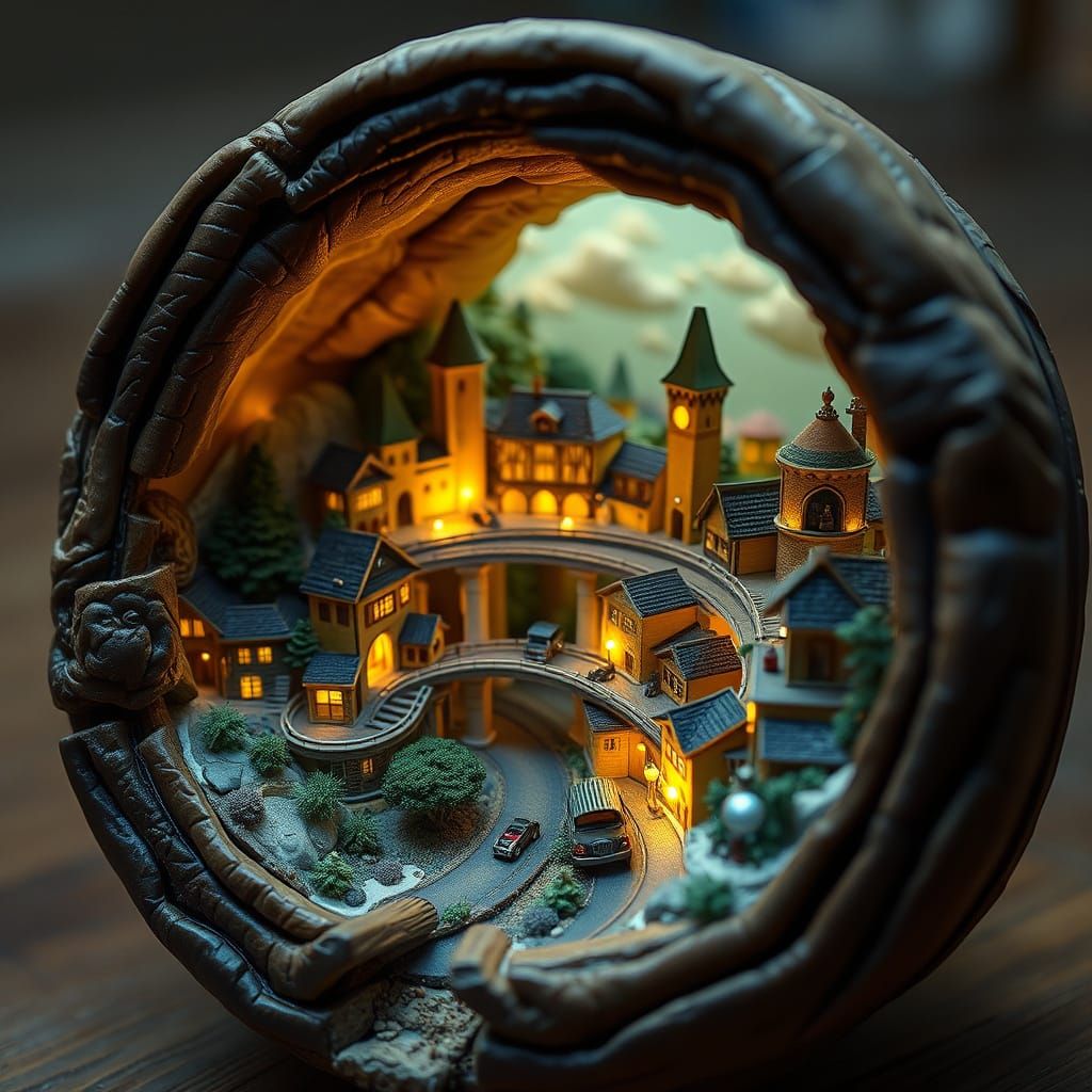 Miniature City Inside Walnut Shell in Atmospheric Realism