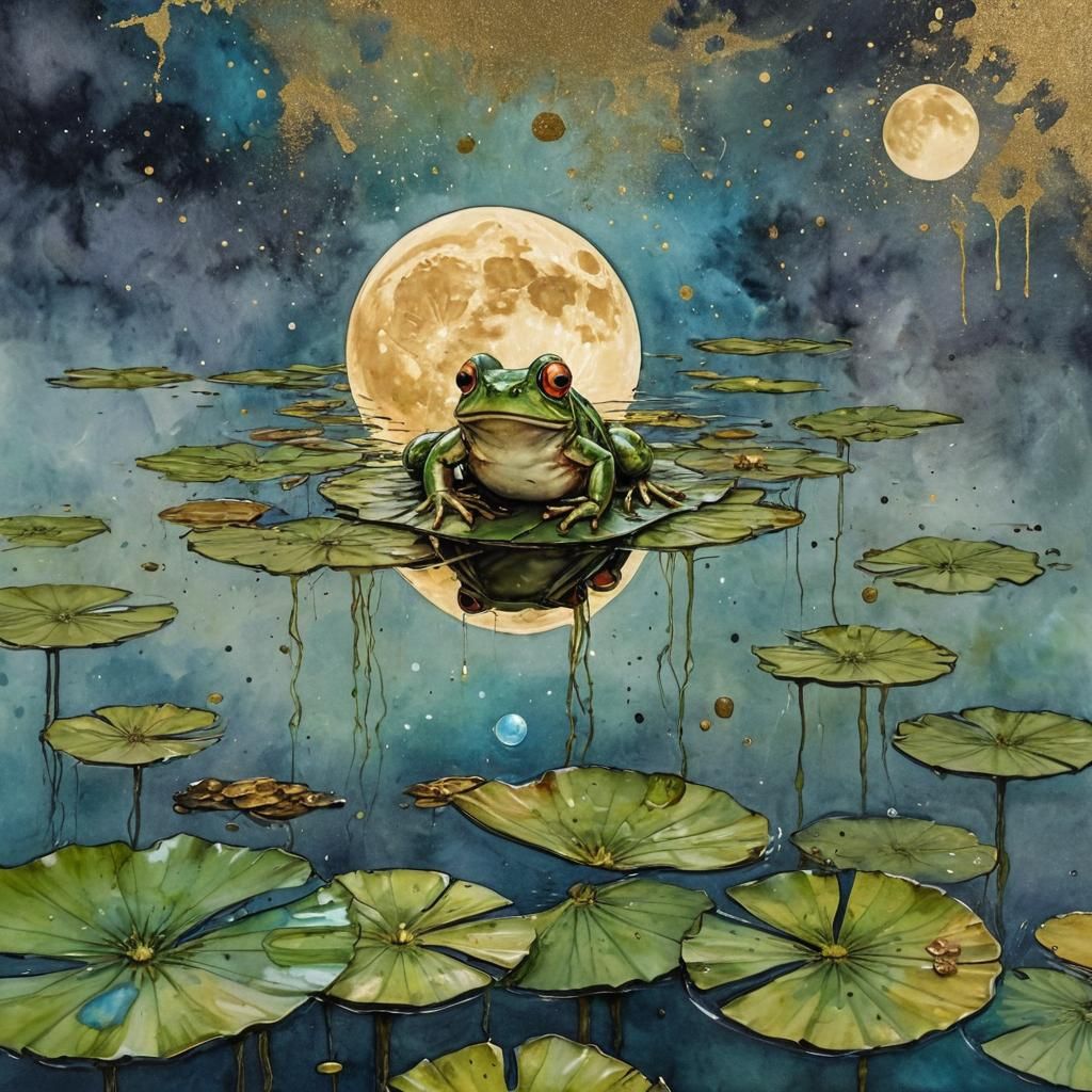 Steampunk Frog Gazing at Moon in Alcohol Ink Style