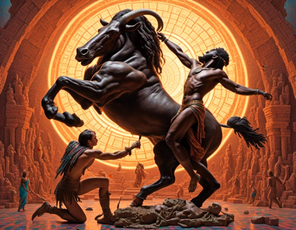 <lora:Pastel Aether:1.0> Theseus fighting the Minotaur hyperrealistic naturalistic lighting