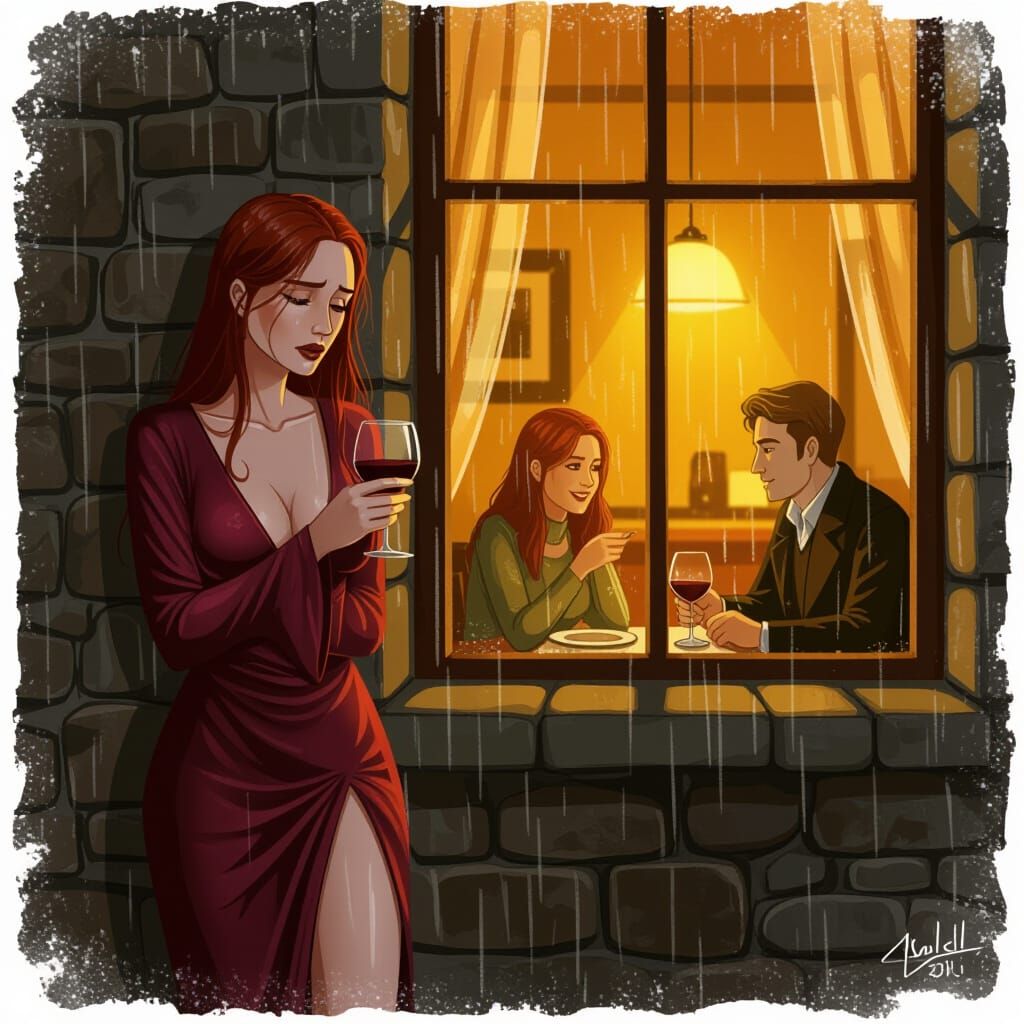 Melancholic Woman in Rain Contrasts Happy Couple