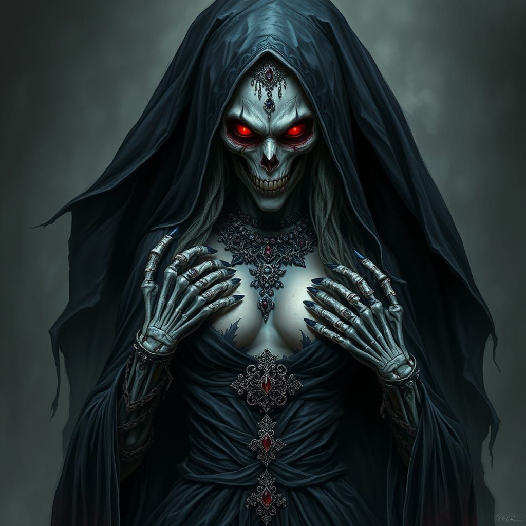 A spectral Drow Lich Queen emerges from a swirling vortex of...