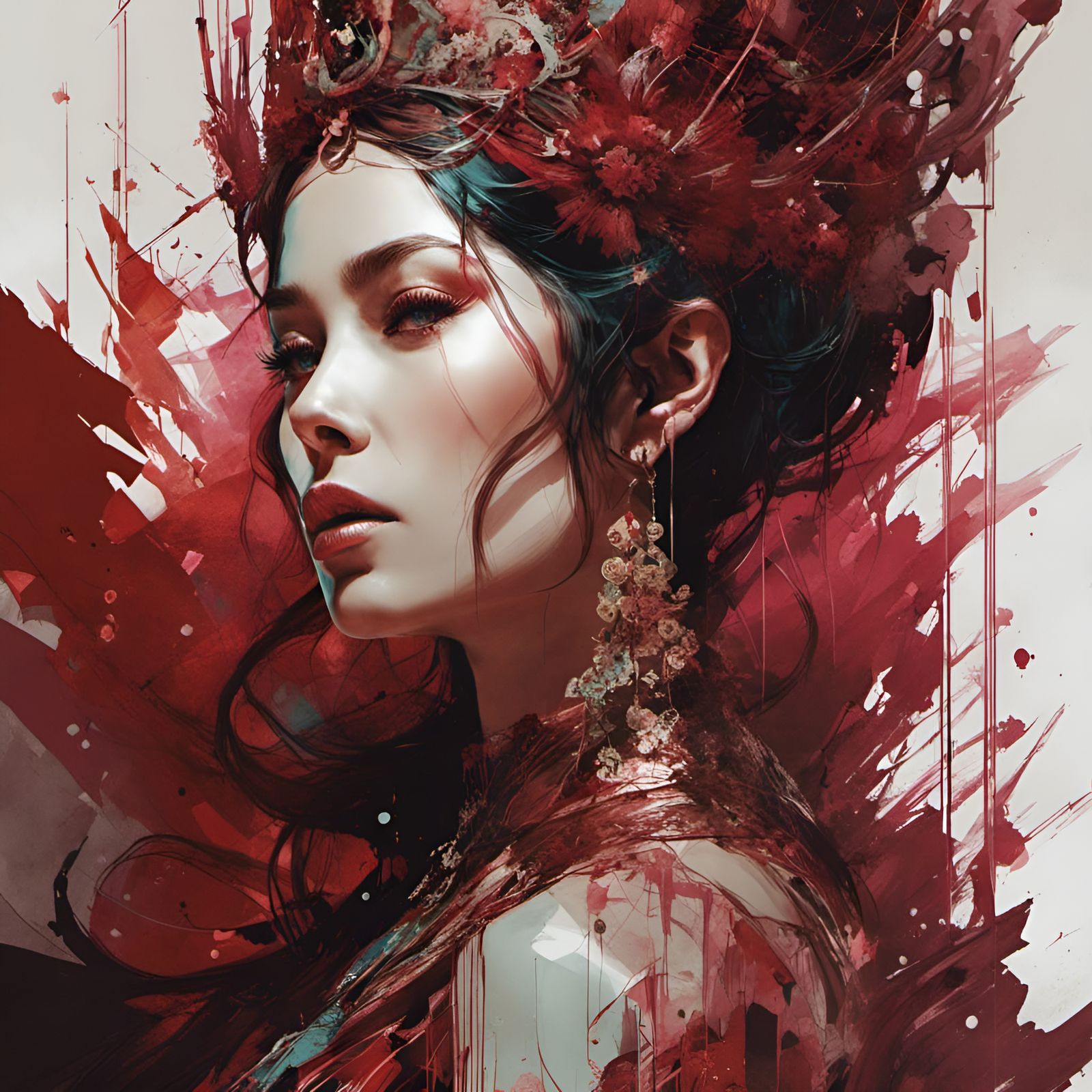 Princess Portrait with Maroon Filigree, Digital Art