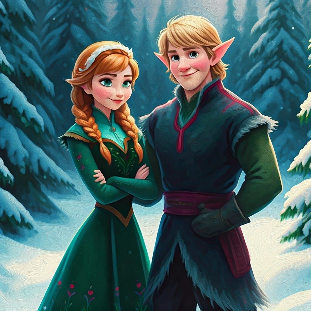 Anna and Kristoff as Elves in Nordic Winter