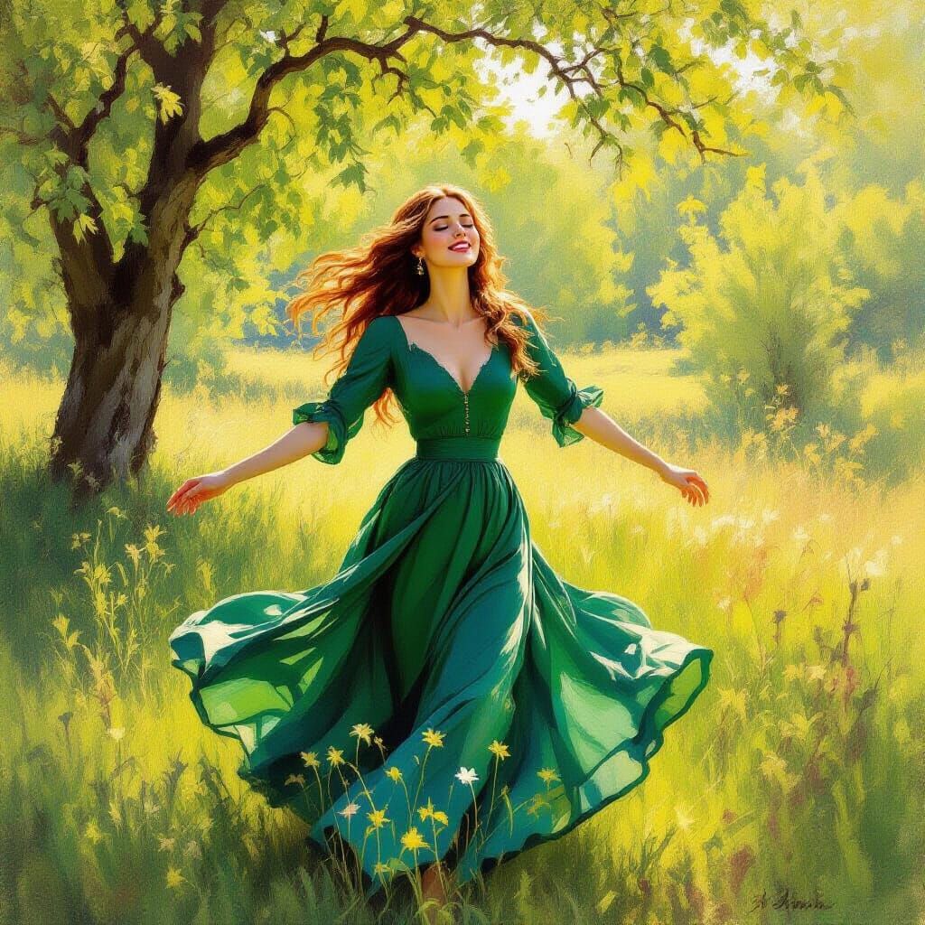Joyful Woman Dancing in Sunlit Meadow