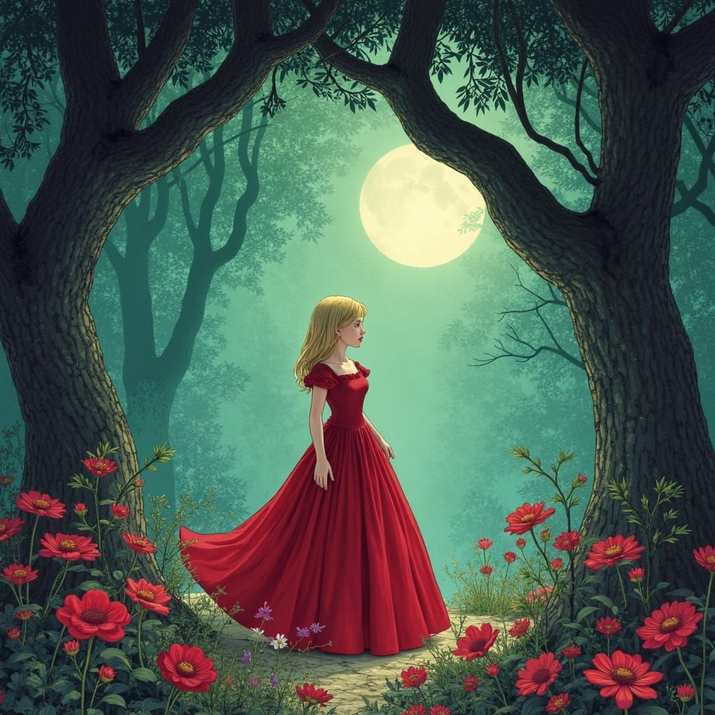 Alice in Enchanted Forest with Ruby Gown