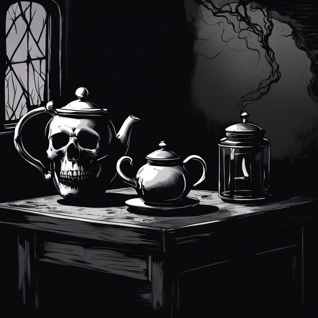 Teapot Reflecting Skull in Dark Room
