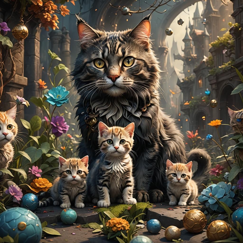 Mother Cat and Kittens: Fantasy Concept Art